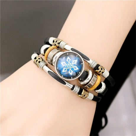 Multistrand bracelet with a snowflake charm on a wrist against a neutral background