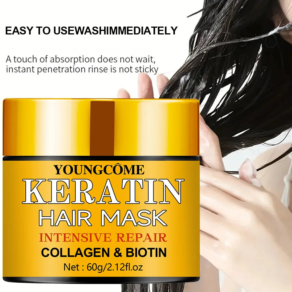 Yellow container of Youngcome Keratin Hair Mask with text about its use and benefits.