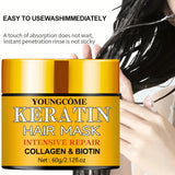 Yellow container of Youngcome Keratin Hair Mask with text about its use and benefits.