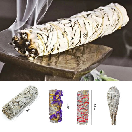 Incense stick with smoke on a dark surface, followed by images of different incense sticks with measurements.