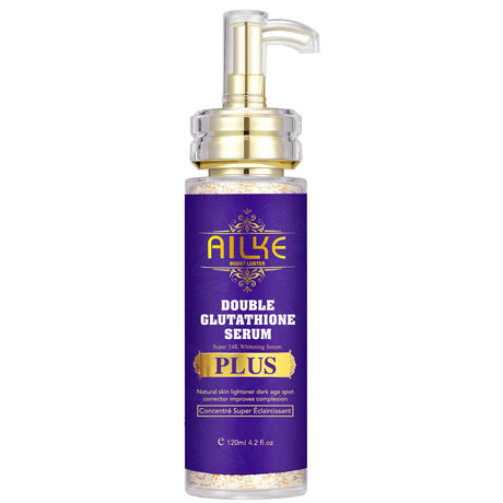 Purple serum bottle with gold pump on a white background