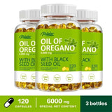Three bottles of Picalac Oil of Oregano with Black Seed Oil on a white background
