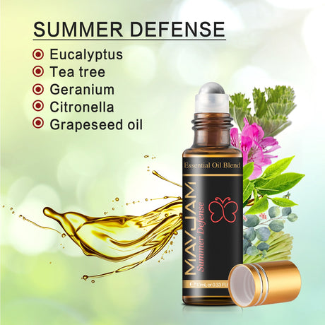 Max Harm Summer Defense essential oil blend bottle with ingredients listed on a green background