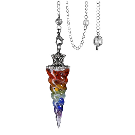 Multicolored spiral pendant on a silver chain against a white background