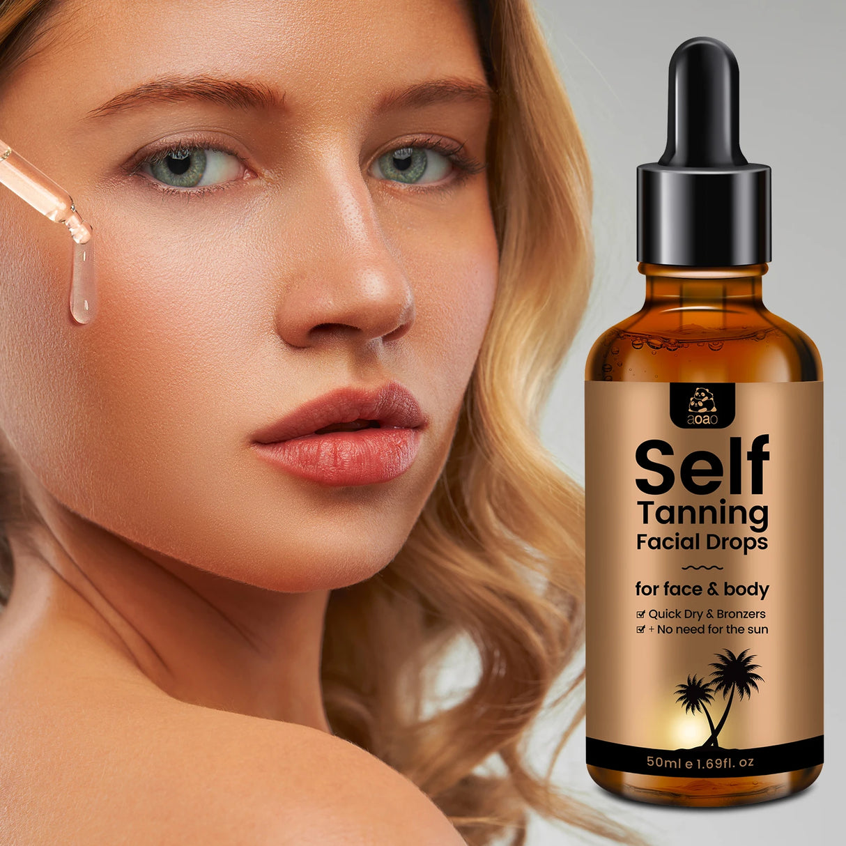 Woman with a droplet of tanning product on her face next to a bottle of Self Tanning Facial Drops.