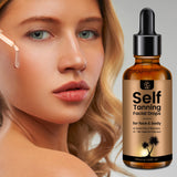 Woman with a droplet of tanning product on her face next to a bottle of Self Tanning Facial Drops.