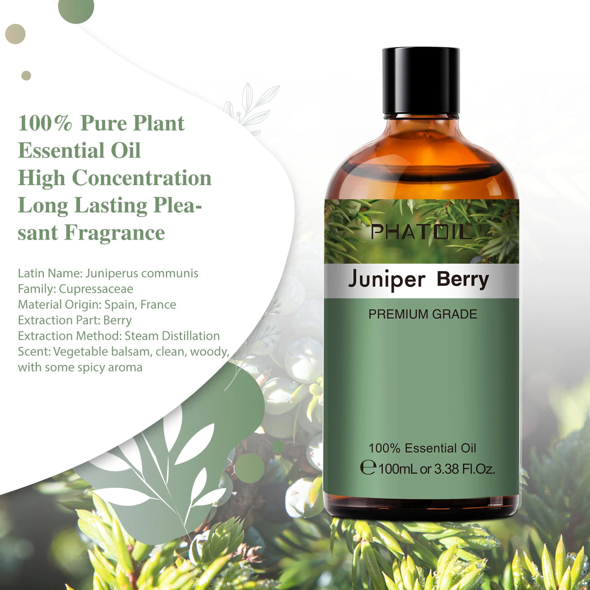 Bottle of PhatOil Juniper Berry essential oil with product details on a green and white background.