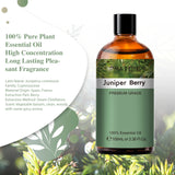 Bottle of PhatOil Juniper Berry essential oil with product details on a green and white background.