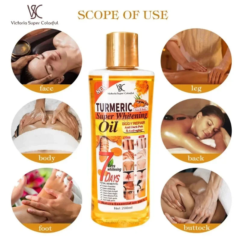 Victoria Super Colorful Turmeric Super Whitening Oil bottle with usage instructions on a white background