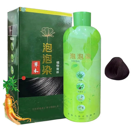 Herbal hair dye packaging with green bottle and box on a white background