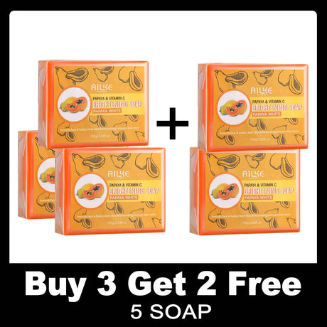 Five boxes of Ailye papaya and vitamin C brightening soap on a white background with promotional text.