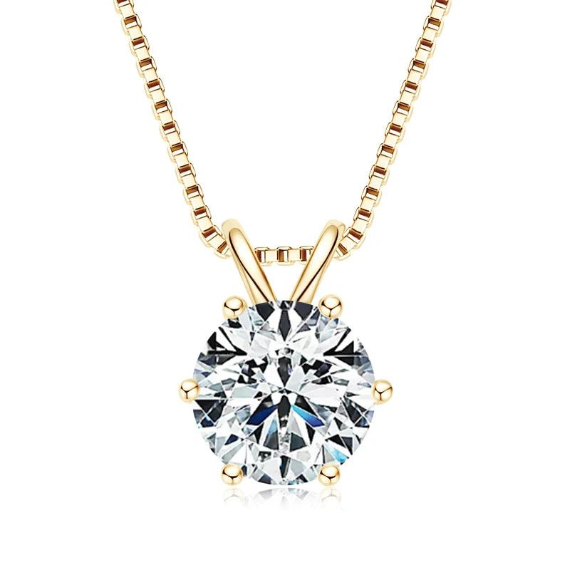 Gold necklace with a round diamond pendant on a white background