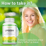 Bottle of Lipozem dietary supplement with a woman smiling and text on a green background
