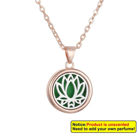 Rose gold necklace with green and white pendant on a white background