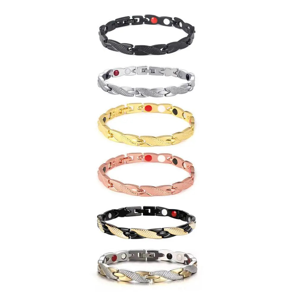 Set of five metallic bracelets in various colors on a white background