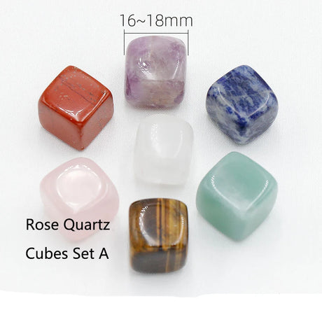 Set of rose quartz cubes with measurements and color labels on a white background