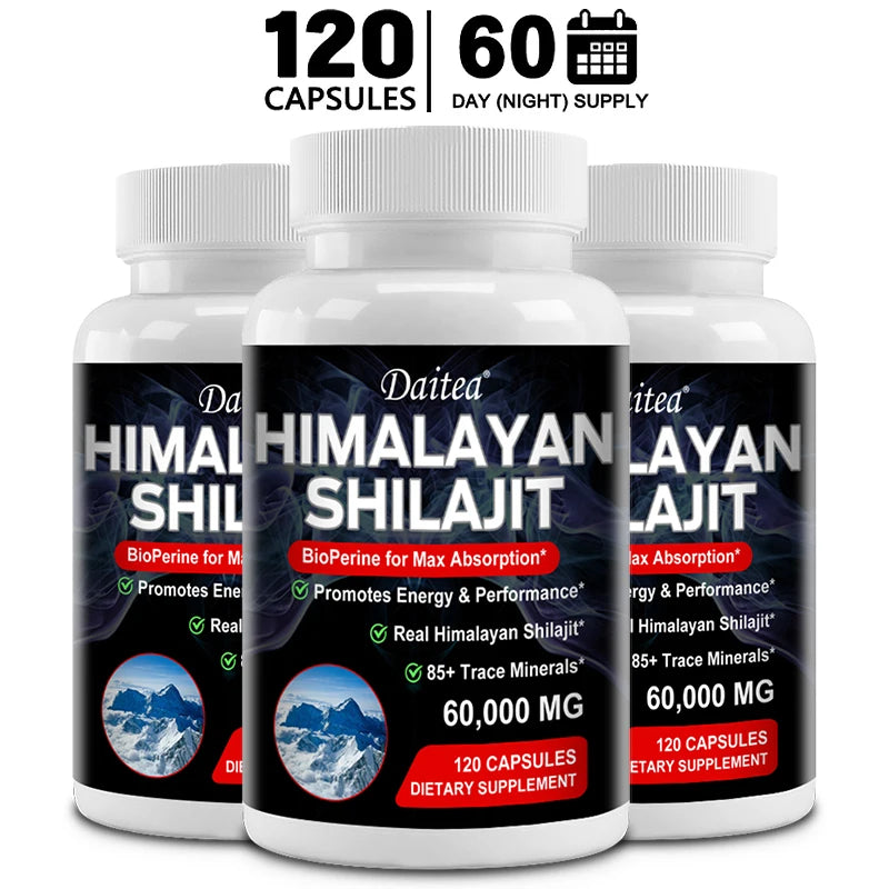 Three bottles of Daitea Himalayan Shilajit supplement on a white background