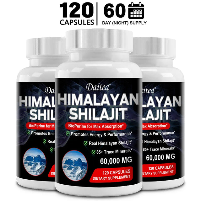 Three bottles of Daitea Himalayan Shilajit supplement on a white background
