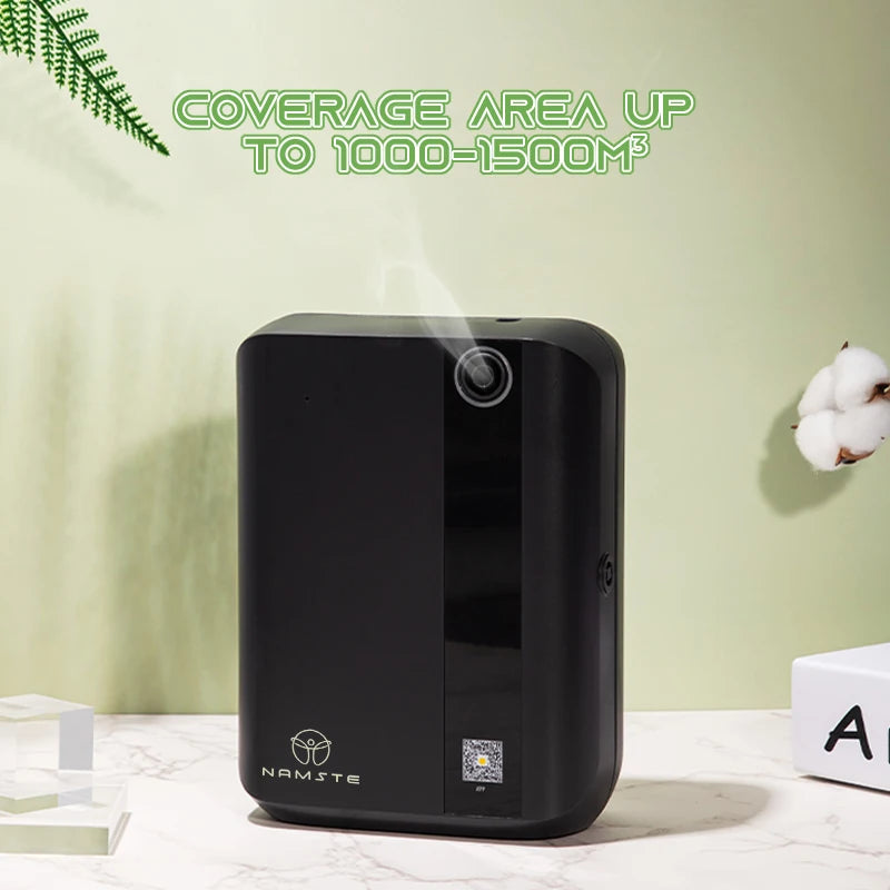 Black air purifier with 'NAMSTE' branding on a light green background