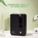 Black air purifier with 'NAMSTE' branding on a light green background