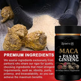 Maca and Panax Ginseng roots with a Zynera supplement bottle on a textured surface.