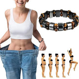 Woman showing off weight loss with loose jeans, bracelet, and before-and-after fitness illustrations.