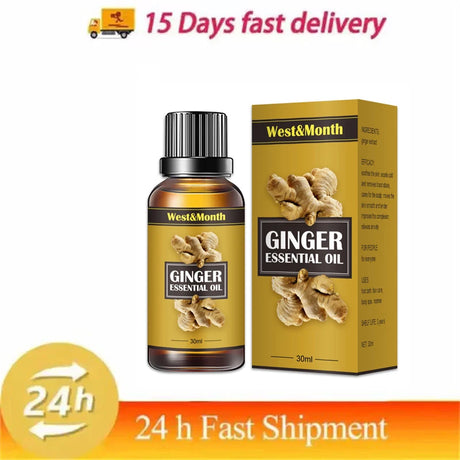 Ginger essential oil bottle and packaging with 'West&Month' branding on a white background.