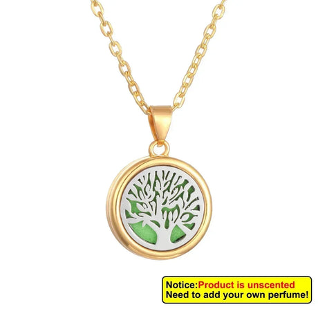 Gold necklace with a tree-shaped pendant on a white background