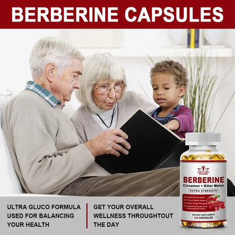 Advertisement for Berberine capsules with an elderly couple and child reading a book, and a bottle of Berberine capsules on a white background.