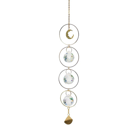 Decorative hanging chain with crystal balls and a moon charm on a white background