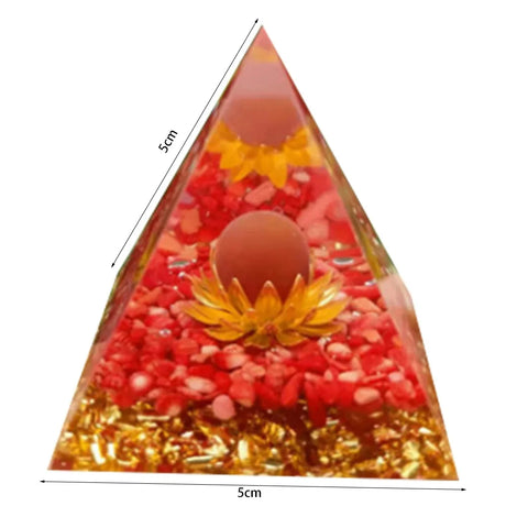 Triangular pyramid with red and gold interior, labeled with dimensions.