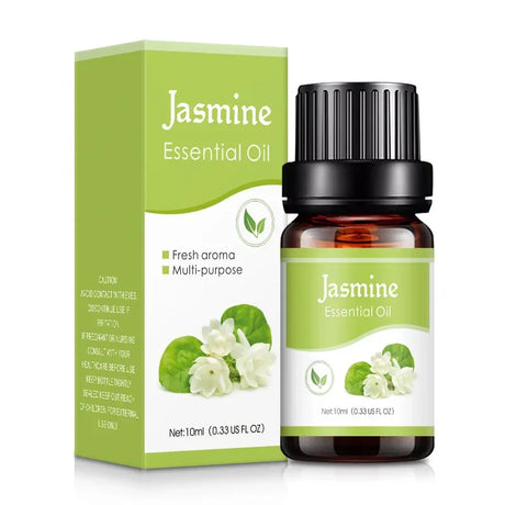 Jasmine essential oil bottle and packaging on a white background