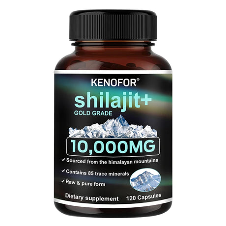 Bottle of Kenofor Shilajit+ Gold Grade dietary supplement on a white background