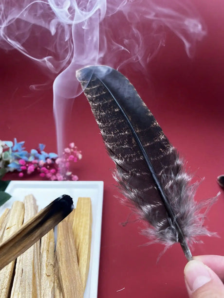 Feather held over a lit incense stick with smoke against a red background