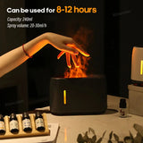 Hand holding a flame over an essential oil diffuser with product details on a dark background