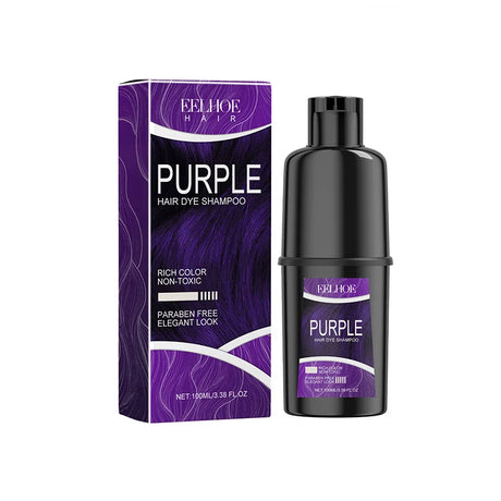 Purple hair dye shampoo bottle and packaging on a white background