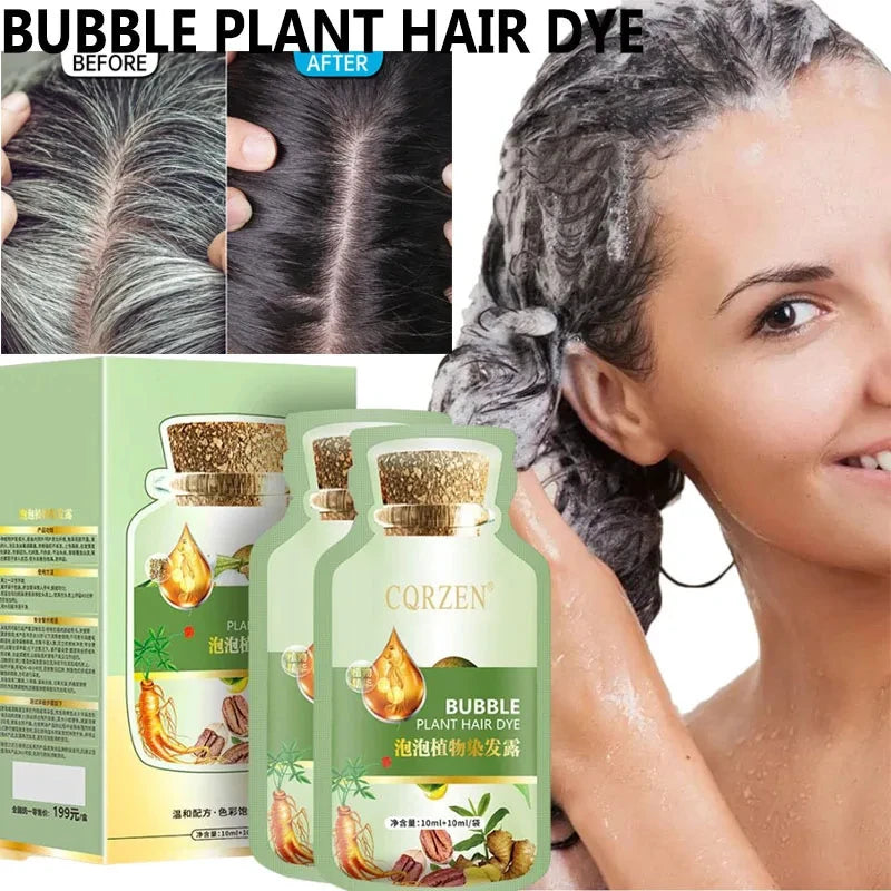 Product advertisement for Bubble Plant Hair Dye showing before and after effects on hair, with packaging and a woman applying the product.