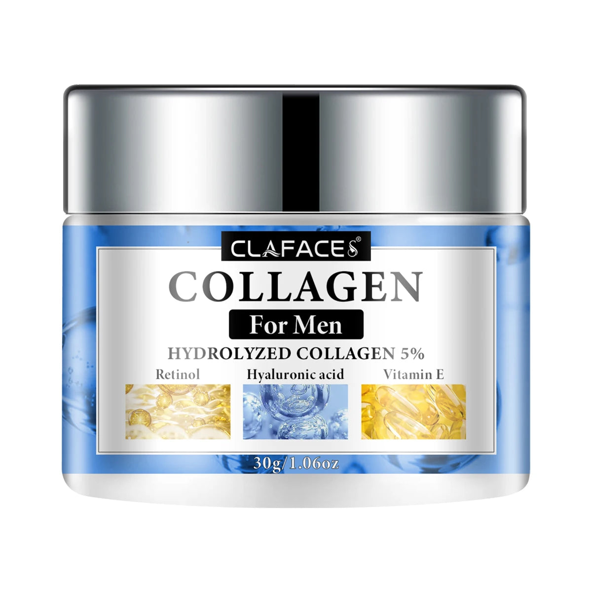 Claface collagen cream for men with blue and silver packaging on a white background