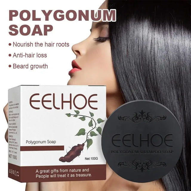 Eelhoe Polygonum Soap packaging with a bar of soap and a box, featuring text about hair care benefits.