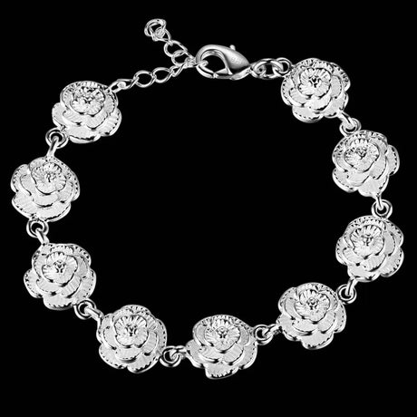 Silver rose-shaped bracelet on a black background