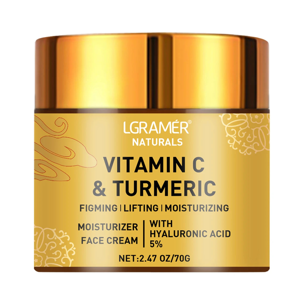 Gold jar of LGamer Naturals Vitamin C & Turmeric moisturizer on a white background