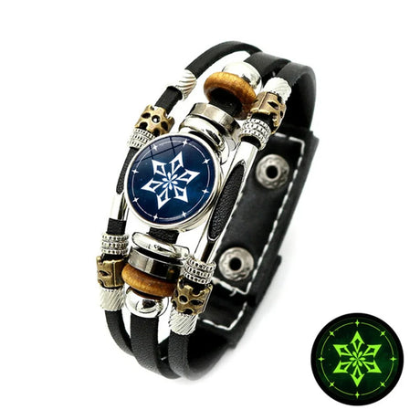 Multistrand bracelet with skull and star design, featuring a glowing green emblem on a white background.