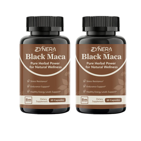 Two bottles of Zynera Black Maca supplement on a white background