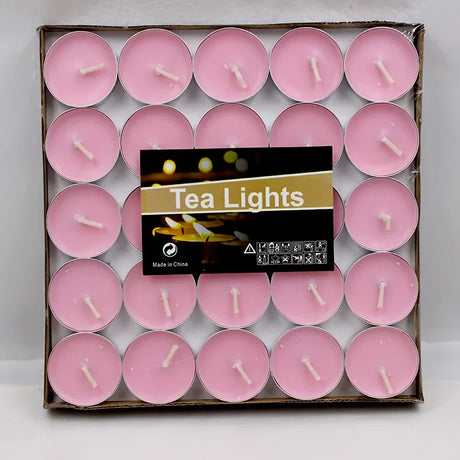 Box of pink tea lights with a visible brand label on a white background