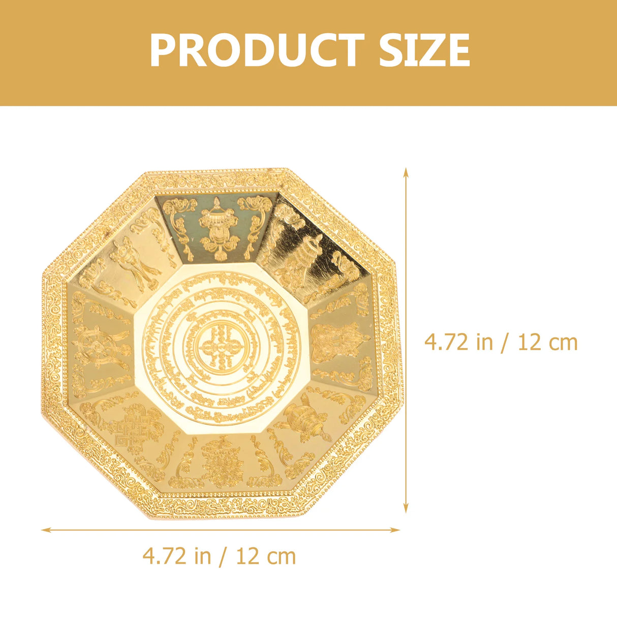 Gold decorative item with measurements on a white background