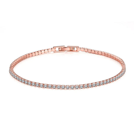 Rose gold bracelet with clear stones on a white background, branded 'MEEKCAT'.