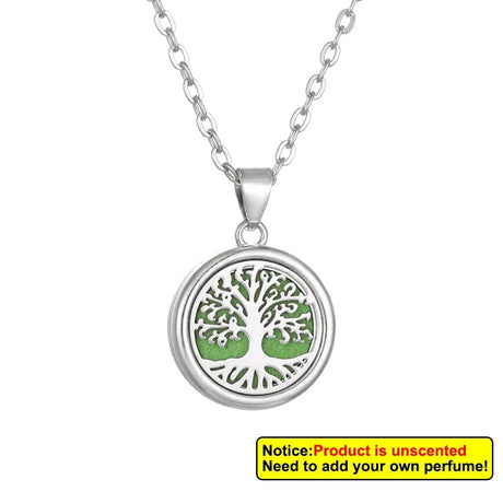 Silver necklace with a tree-of-life pendant on a white background