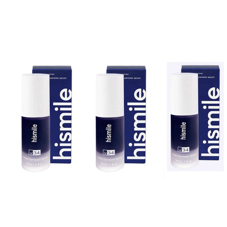 Three bottles of hismile serum with packaging on a white background