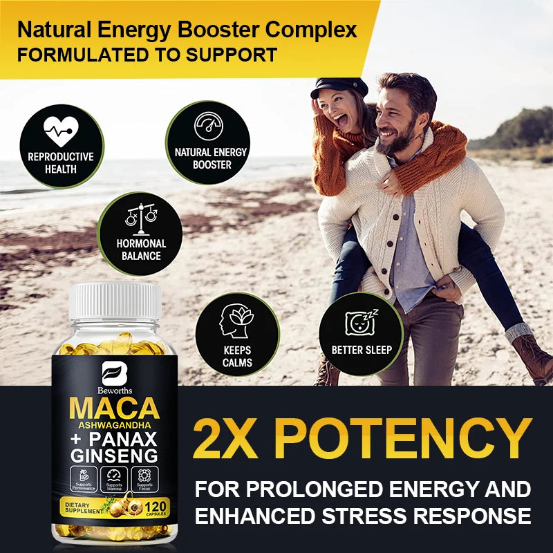 Supplement bottle with a couple on a beach, highlighting health benefits.