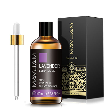 Mayuam Lavender essential oil bottle with dropper and packaging on a white background